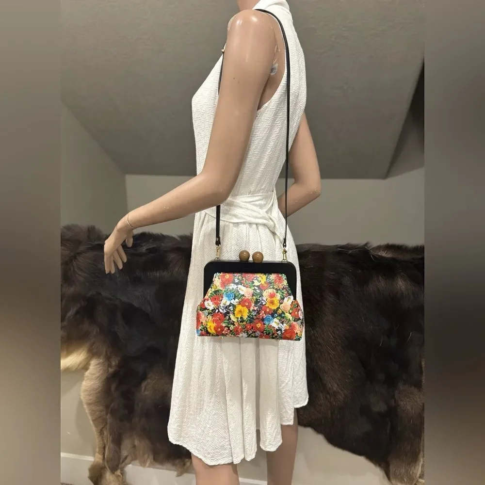 Floral Print Cowhide Leather Handmade Wooden Frame Clutch Bag/Crossbody
